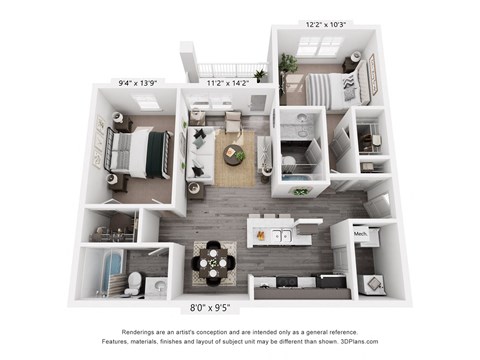 Floor plan for 2 beds, 2 baths, 1034 sqft